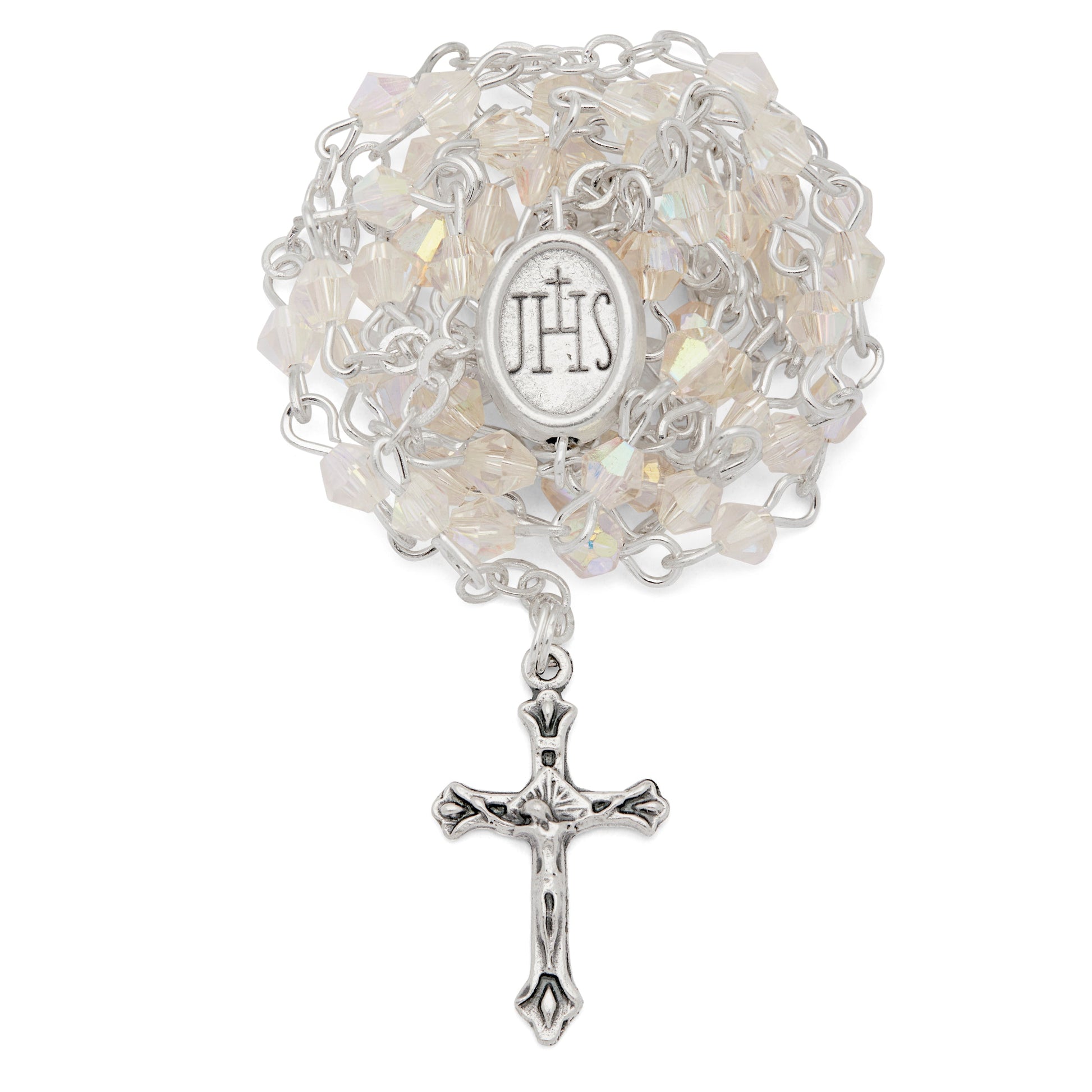Mondo Cattolico Rosary Box 3.5x4 cm (1.38x1.57 in) / 3 mm (0.12 in) / 37.5 cm (14.76 in) Small White Enameled First Communion Rosary Case With White Crystal Rosary