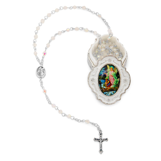 Mondo Cattolico Rosary Box 3.5x4 cm (1.38x1.57 in) / 3 mm (0.12 in) / 37.5 cm (14.76 in) Small White Enameled Guardian Angel Rosary Case With White Crystal Rosary