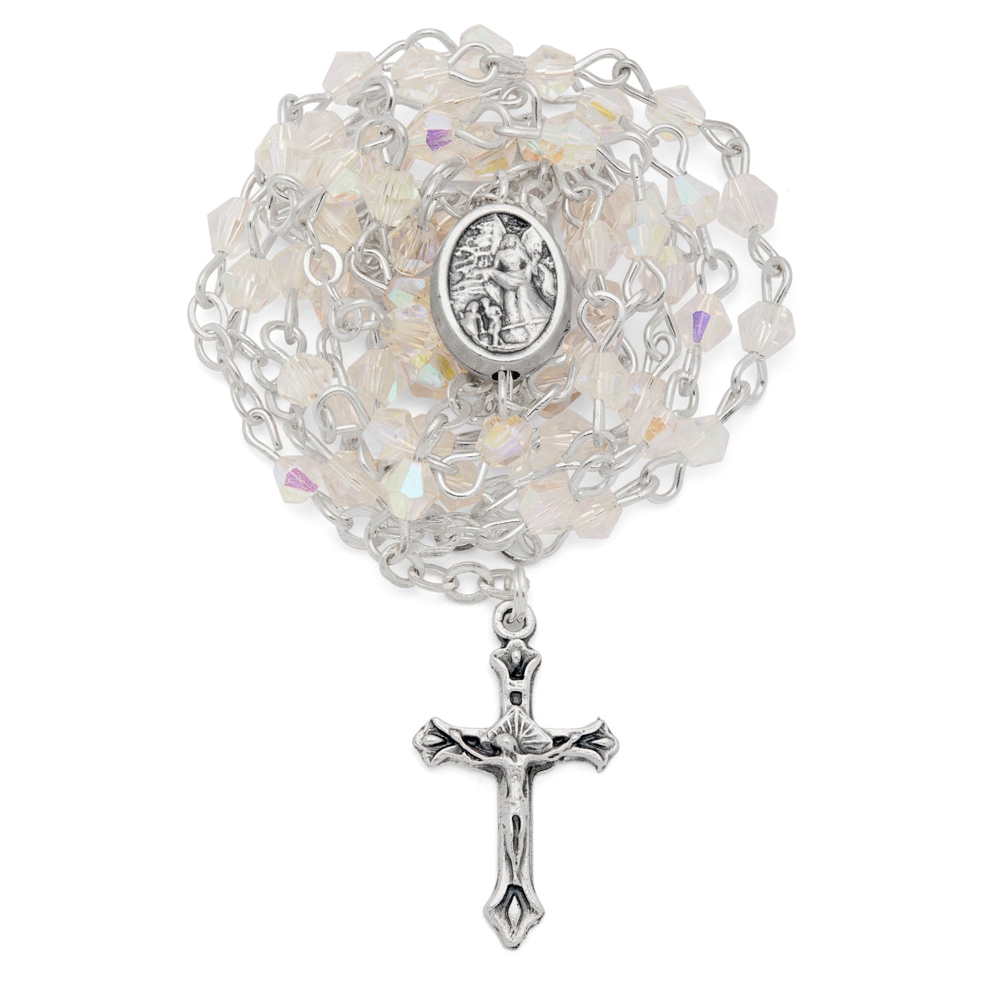 Mondo Cattolico Rosary Box 3.5x4 cm (1.38x1.57 in) / 3 mm (0.12 in) / 37.5 cm (14.76 in) Small White Enameled Guardian Angel Rosary Case With White Crystal Rosary