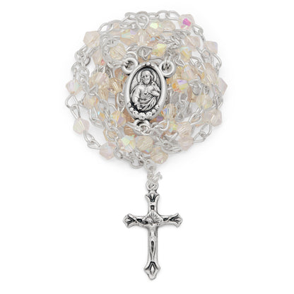 Mondo Cattolico Rosary Box 3.5x4 cm (1.38x1.57 in) / 3 mm (0.12 in) / 37.5 cm (14.76 in) Small White Enameled Madonnina of Ferruzzi Rosary Case With White Crystal Rosary