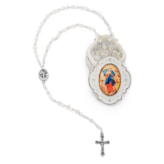 Mondo Cattolico Rosary Box 3.5x4 cm (1.38x1.57 in) / 3 mm (0.12 in) / 37.5 cm (14.76 in) Small White Enameled Mary Untier of Knots Rosary Case With White Crystal Rosary
