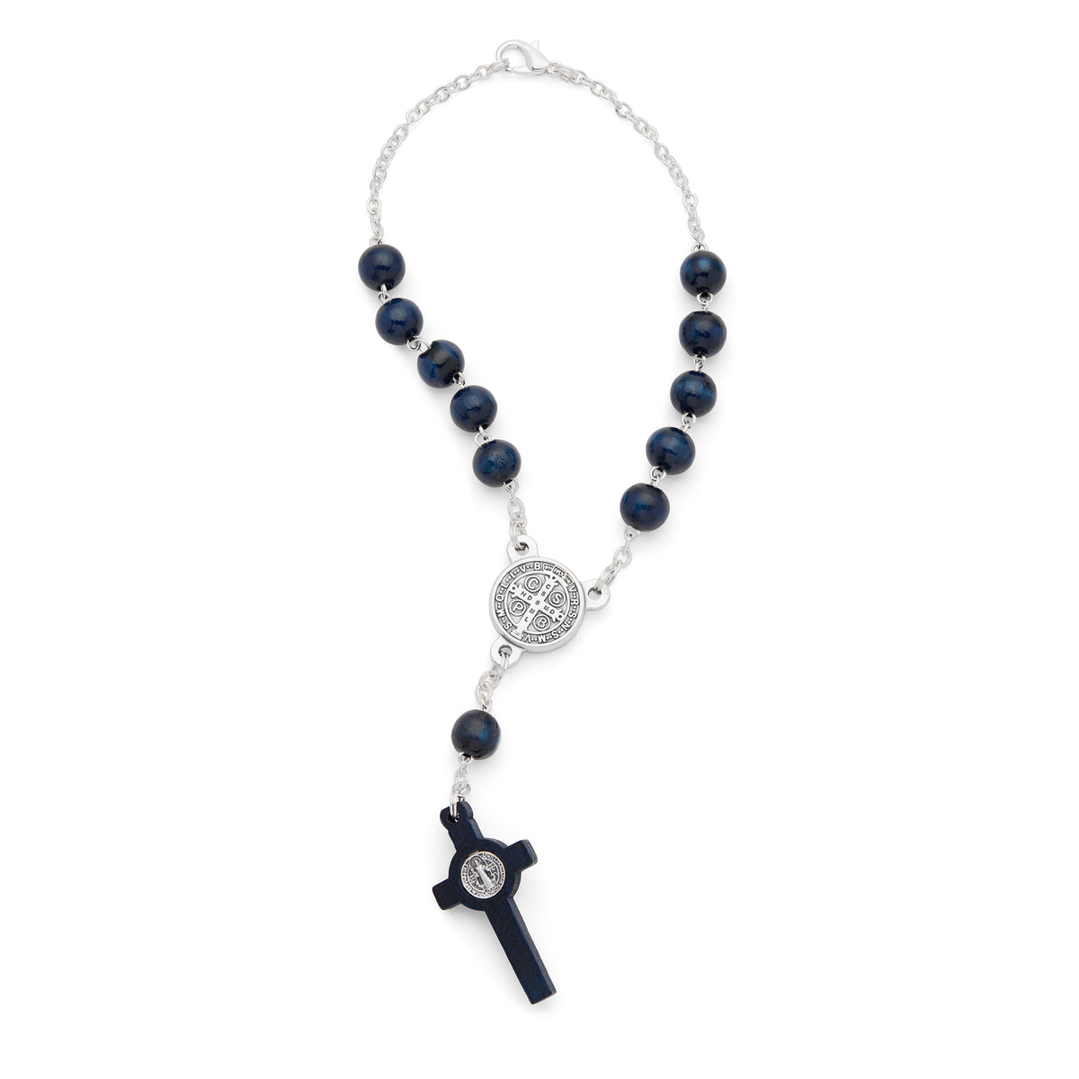 MONDO CATTOLICO ROMA Prayer Beads 19 cm (7.48 in) / 21 cm (8.27 in) / 8 mm (0.31 in) St. Benedict One-Decade Rosary in Blue Wood