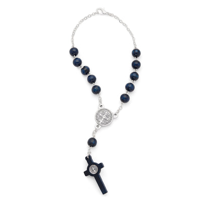 MONDO CATTOLICO ROMA Prayer Beads 19 cm (7.48 in) / 21 cm (8.27 in) / 8 mm (0.31 in) St. Benedict One-Decade Rosary in Blue Wood