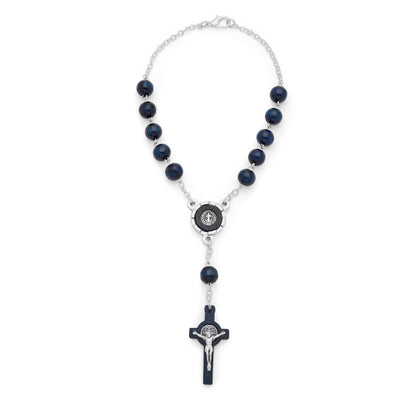 MONDO CATTOLICO ROMA Prayer Beads 19 cm (7.48 in) / 21 cm (8.27 in) / 8 mm (0.31 in) St. Benedict One-Decade Rosary in Blue Wood
