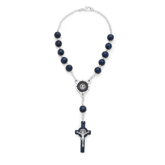 MONDO CATTOLICO ROMA Prayer Beads 19 cm (7.48 in) / 21 cm (8.27 in) / 8 mm (0.31 in) St. Benedict One-Decade Rosary in Blue Wood