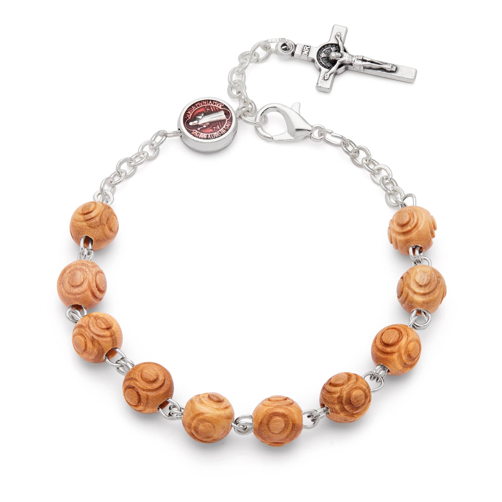 Mondo Cattolico 20 cm (7.9 in) / 7.5 mm (0.3 in) St. Benedict Rosary Bracelet in olive wood beads with enamel cross and crucifix