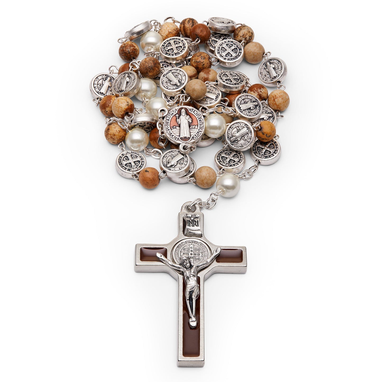 MONDO CATTOLICO Prayer Beads 53 cm (20.86 in) / 7 mm (0.27 in) St. Benedict Rosary in pearl glass our father beads