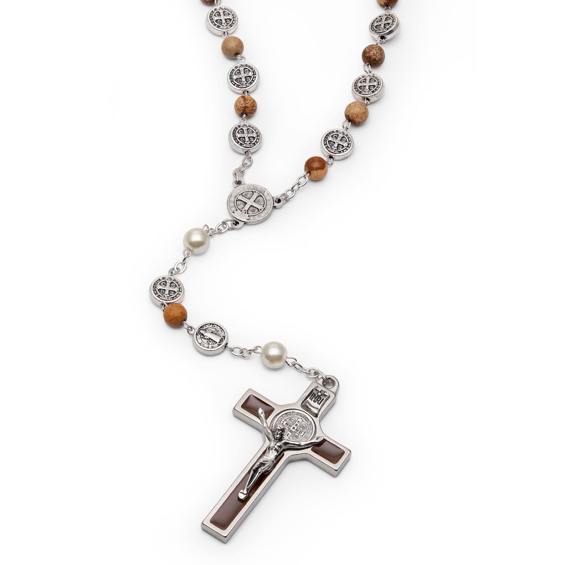 MONDO CATTOLICO Prayer Beads 53 cm (20.86 in) / 7 mm (0.27 in) St. Benedict Rosary in pearl glass our father beads