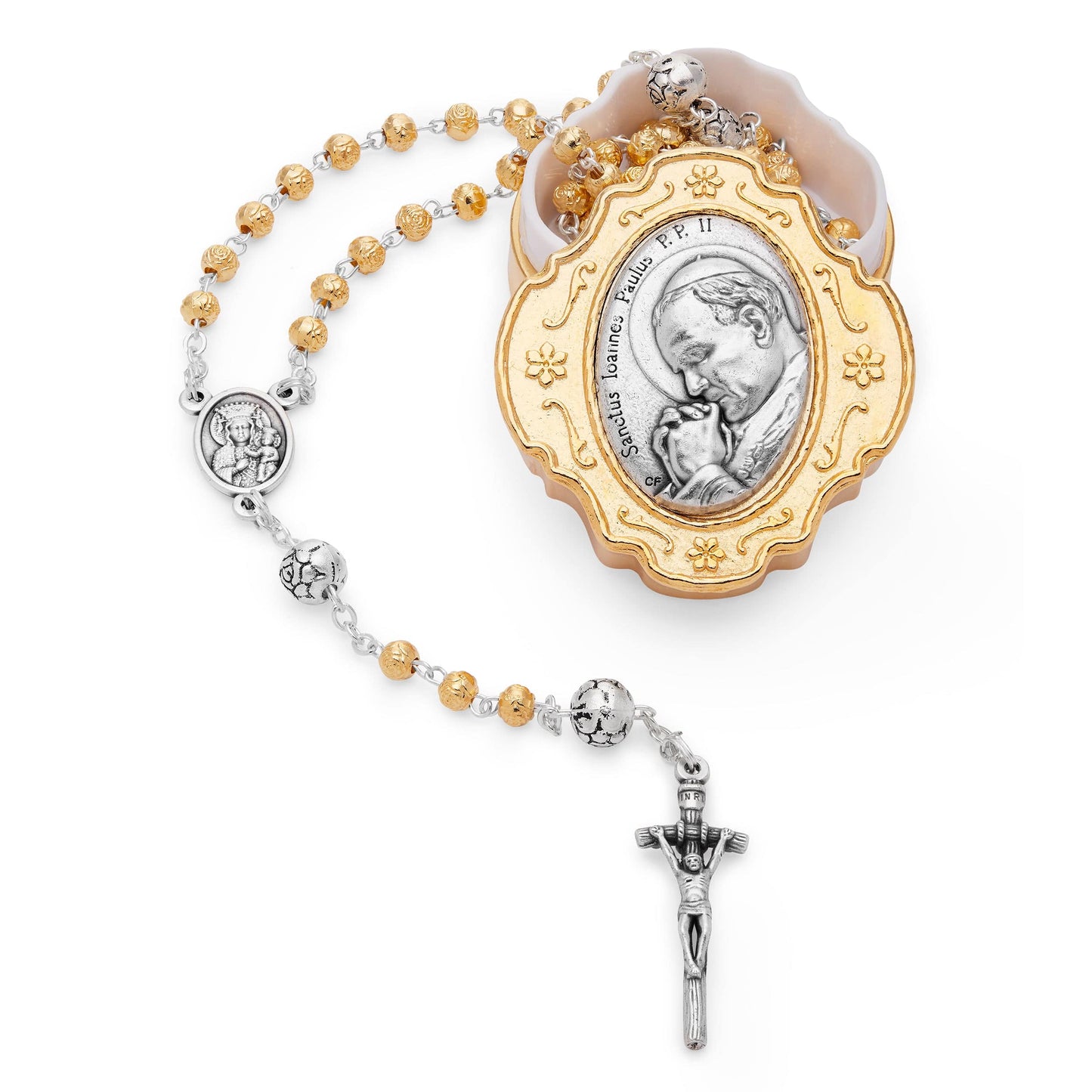 MONDO CATTOLICO 32 cm (12.6 in) / 4 mm (0.15 in) St. John Paul II Golden Case And Rosary In Zamak