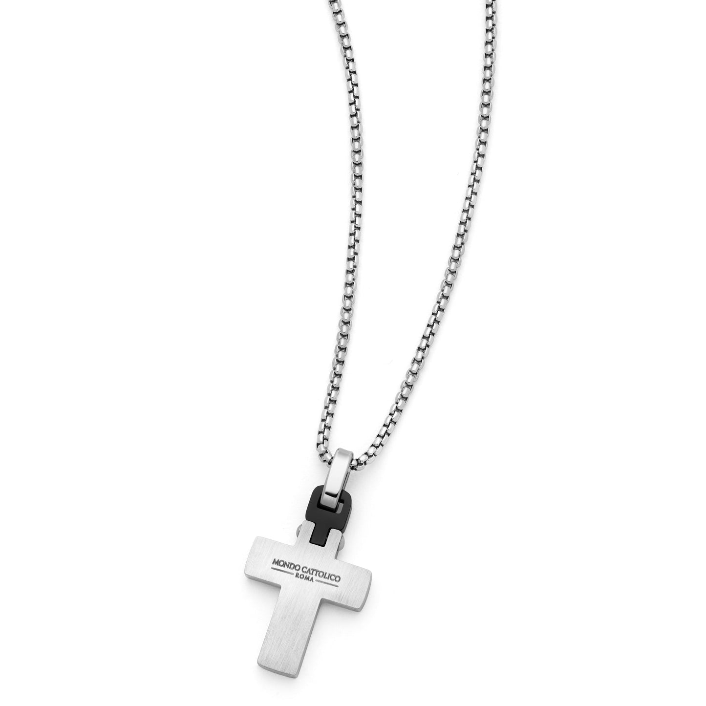 MONDO CATTOLICO ROMA 2.50 cm (0.98 in) / 45 - 50 cm (17.72 - 19.69 in) Stainless Steel Cross Pendant with Black Detail and Chain