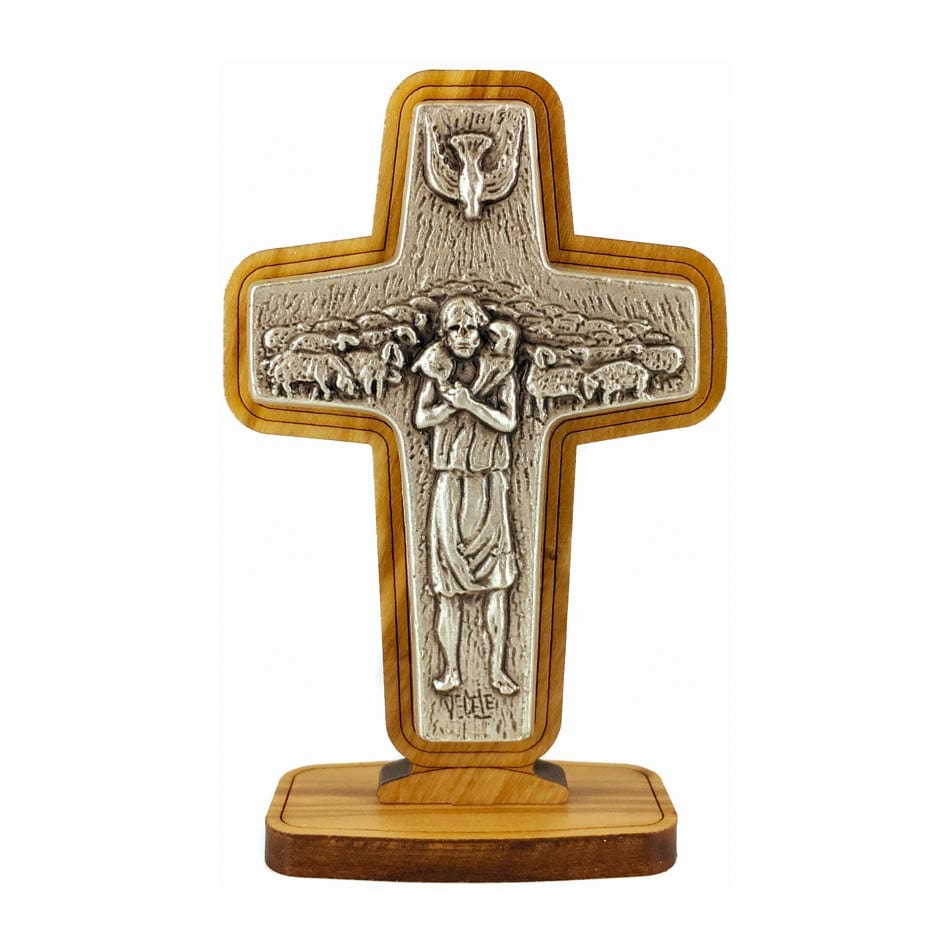 MONDO CATTOLICO The Good Shepherd Cross in Olive Wood and Pewter 8 cm