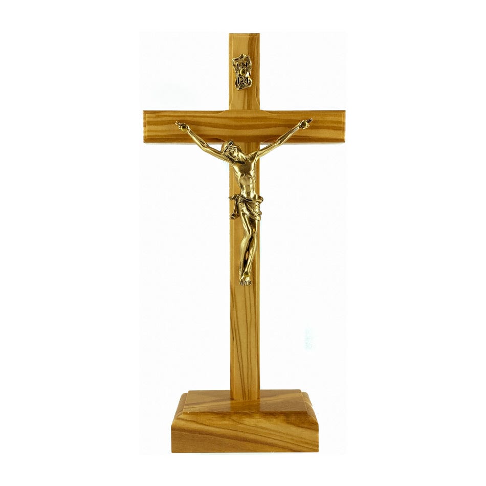 MONDO CATTOLICO 22 cm (8.66 in) Standing Olive Wood Crucifix With Golden Corpus