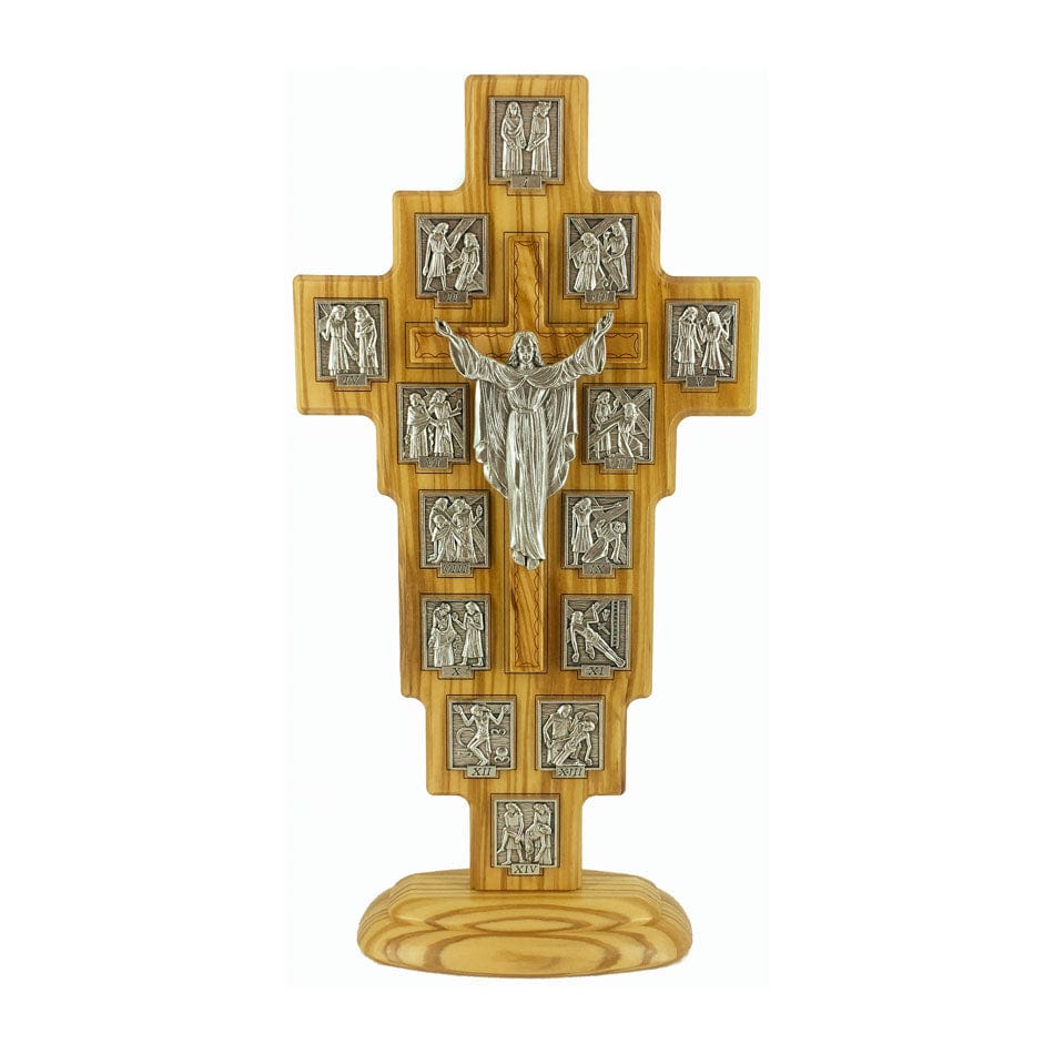 MONDO CATTOLICO 30 cm (11.81 in) Standing Olive Wood Risen Christ Crucifix With Via Crucis