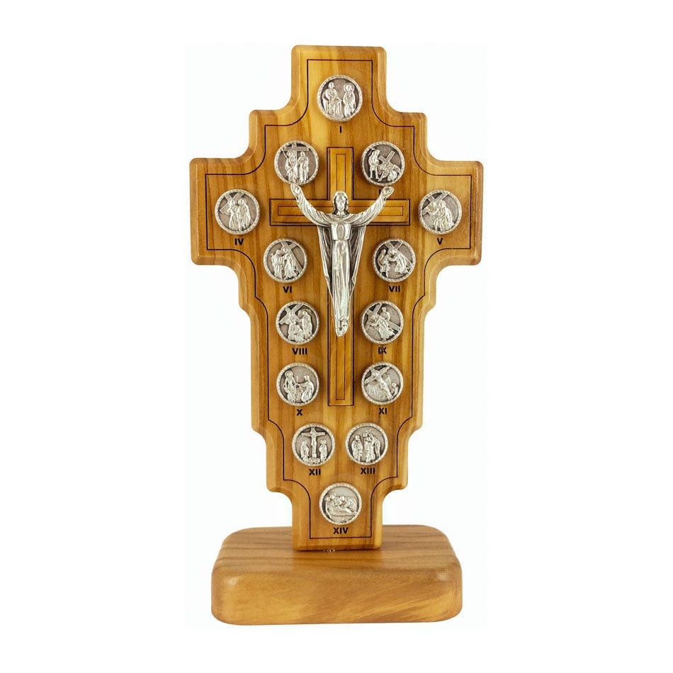 MONDO CATTOLICO 13 cm (5.11 in) Standing Risen Christ Cross in Olive Wood and Via Crucis 13 cm