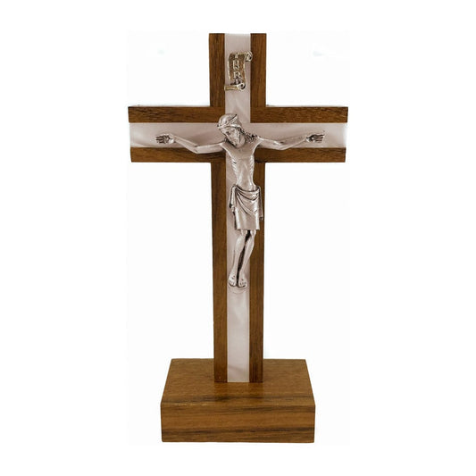 MONDO CATTOLICO 14 cm (5.5 in) Standing Walnut Crucifix Inlaid With Mother-of-pearl