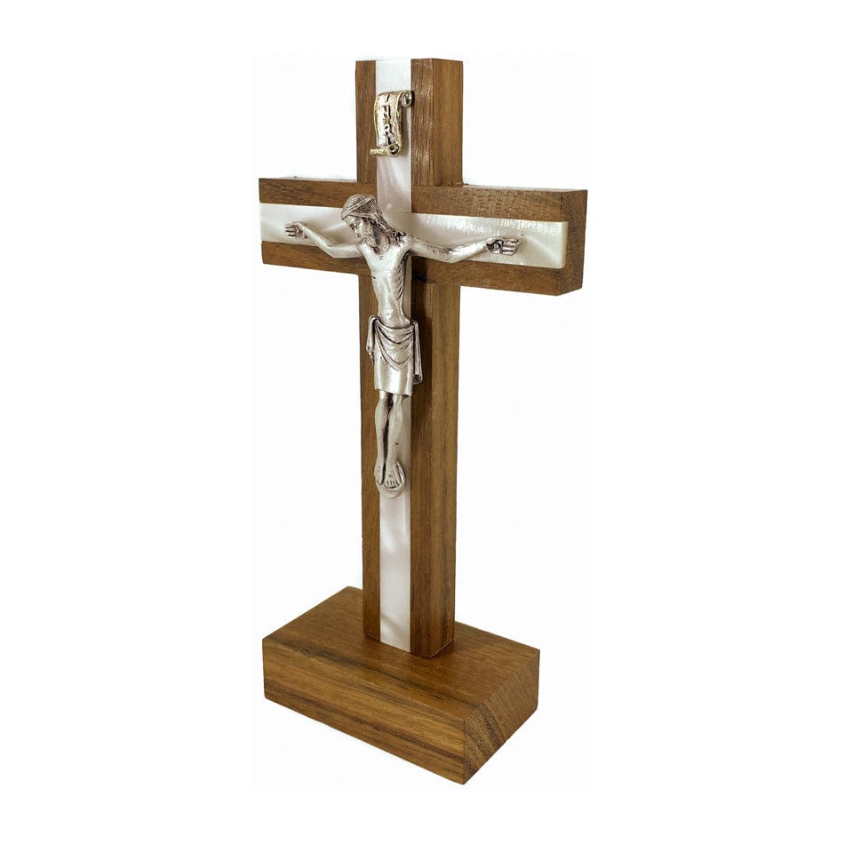 MONDO CATTOLICO 14 cm (5.5 in) Standing Walnut Crucifix Inlaid With Mother-of-pearl