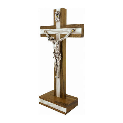MONDO CATTOLICO 18 cm (7.08 in) Standing Walnut Crucifix Inlaid With Mother-of-pearl on Cross and Base