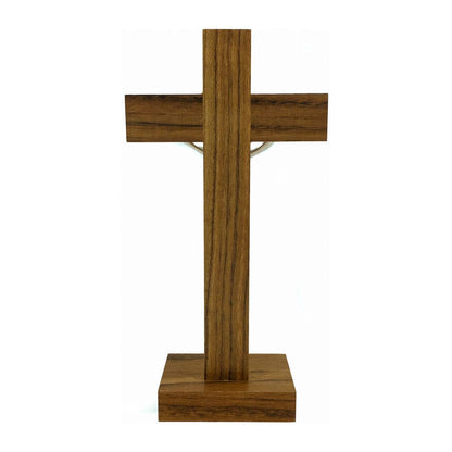 MONDO CATTOLICO 18 cm (7.08 in) Standing Walnut Crucifix Inlaid With Mother-of-pearl on Cross and Base