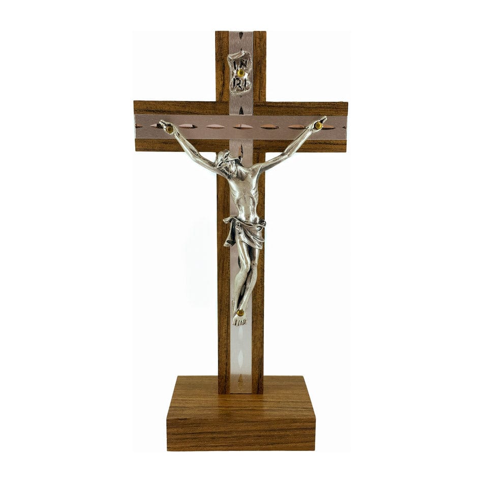 MONDO CATTOLICO 17 cm (6.69 in) Standing Walnut Crucifix With Inlays and Silver Details
