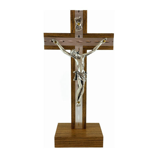 MONDO CATTOLICO 17 cm (6.69 in) Standing Walnut Crucifix With Inlays and Silver Details
