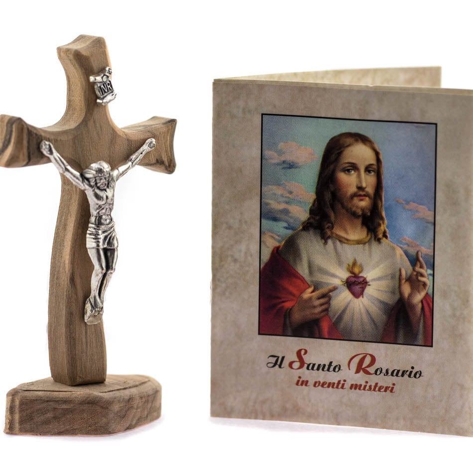 MONDO CATTOLICO Prayer Beads Olive Wood Crucifix With Base and Rosary Prayer Book