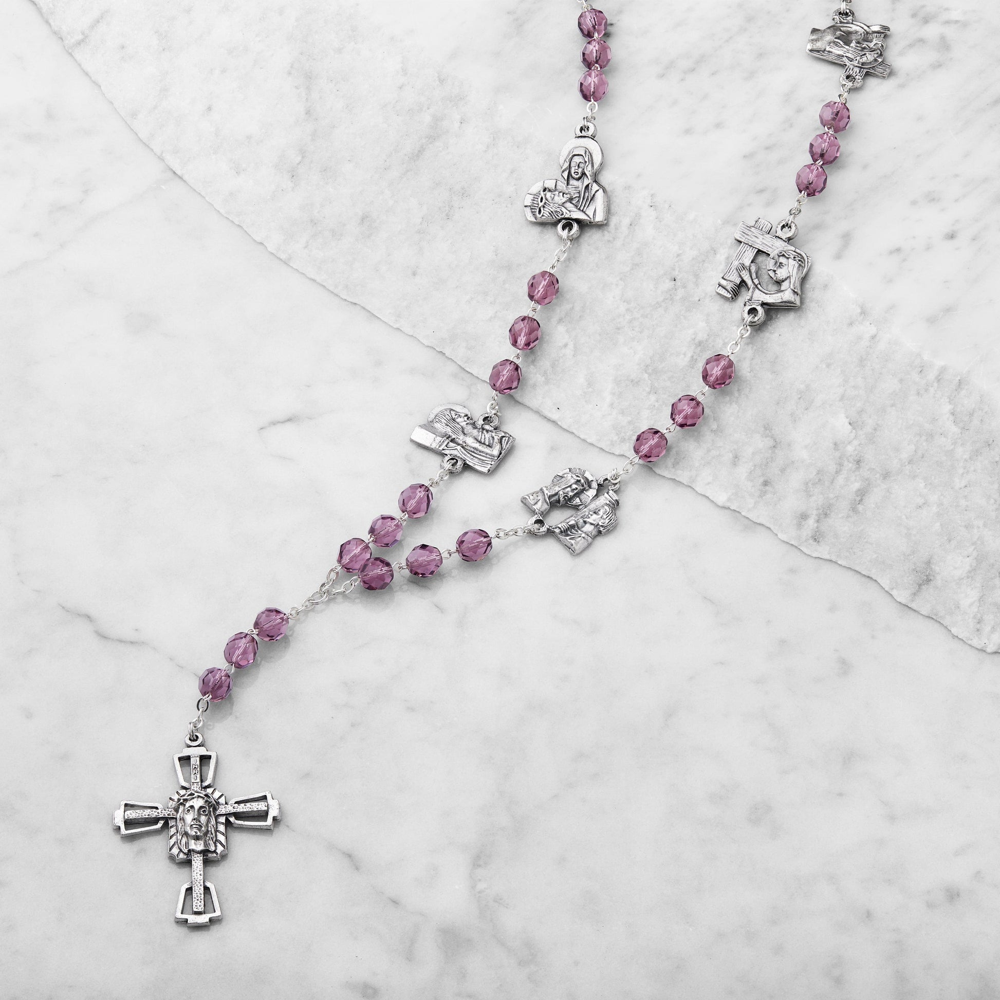 MONDO CATTOLICO Prayer Beads 71 cm (27.95 in) / 7.5 mm (0.29 in) Station of the Cross Rosary in faceted crystal amethyst beads