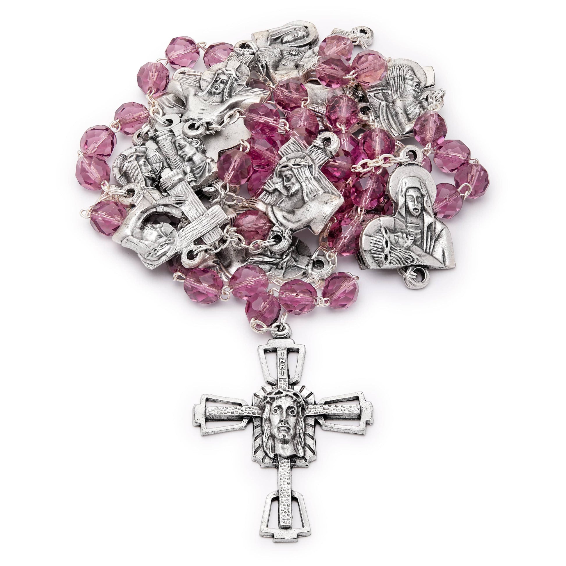 MONDO CATTOLICO Prayer Beads 71 cm (27.95 in) / 7.5 mm (0.29 in) Station of the Cross Rosary in faceted crystal amethyst beads