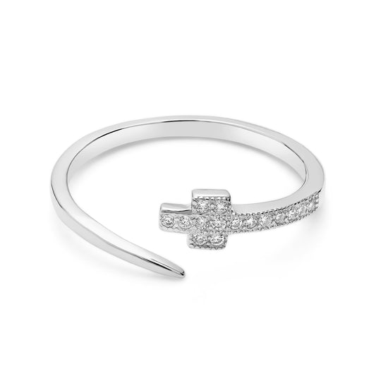 Mondo Cattolico Adjustable Sterling Silver Adjustable Ring With Cubic Zirconia End Cross