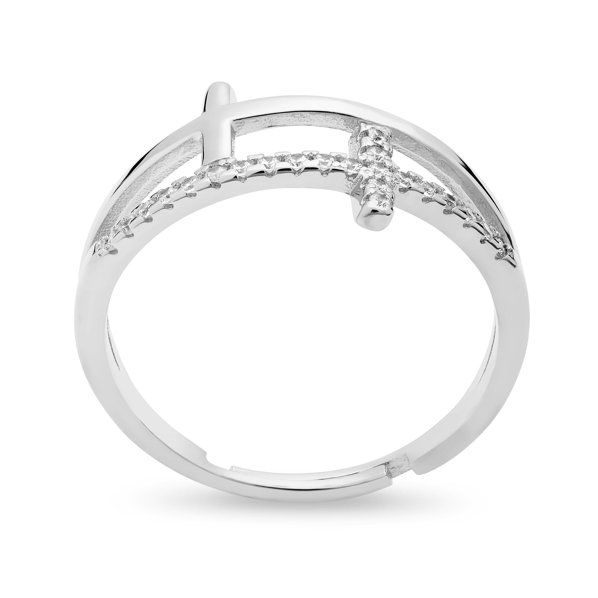 Mondo Cattolico Adjustable Sterling Silver Adjustable Ring With Double Cubic Zirconia Cross