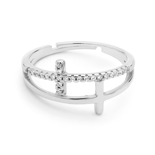 Mondo Cattolico Adjustable Sterling Silver Adjustable Ring With Double Cubic Zirconia Cross