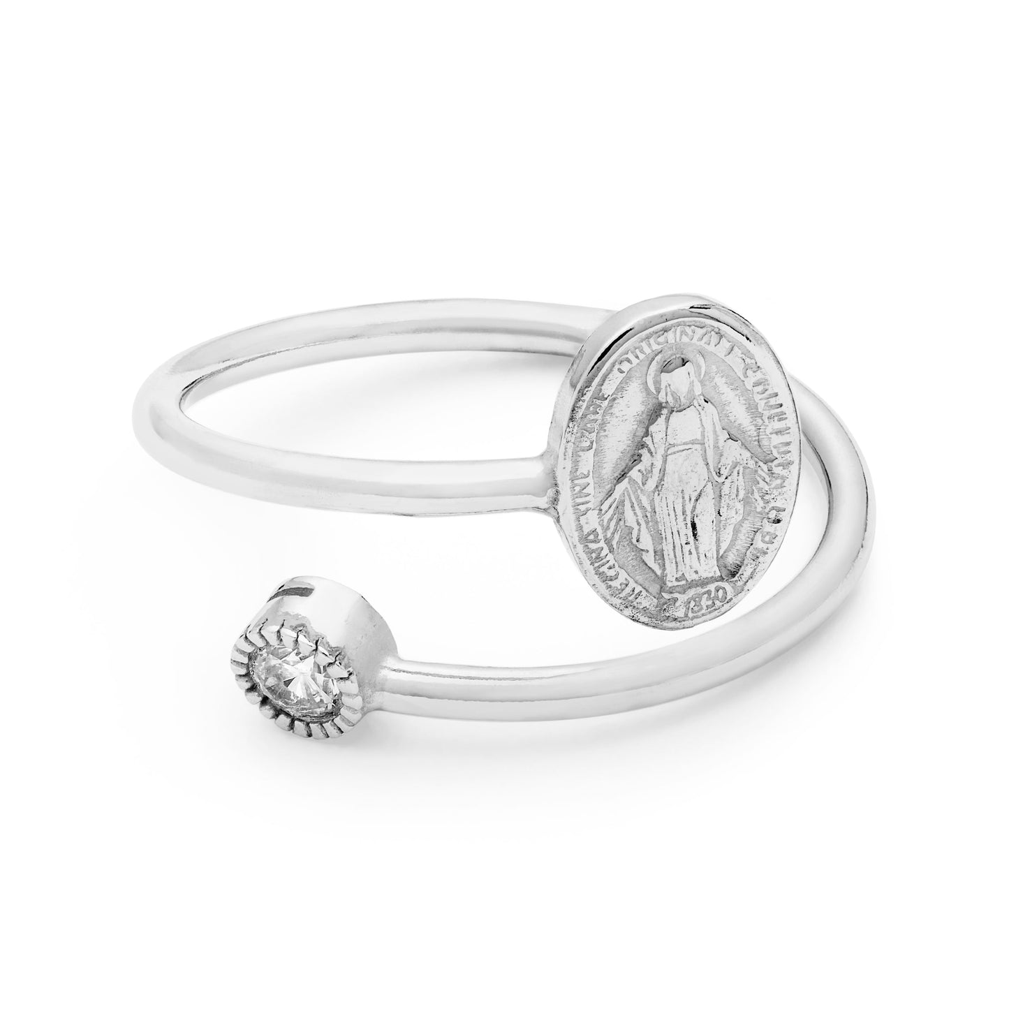 Mondo Cattolico Adjustable Sterling Silver Adjustable Ring With Miraculous Medal And Cubic Zirconia Spotlight