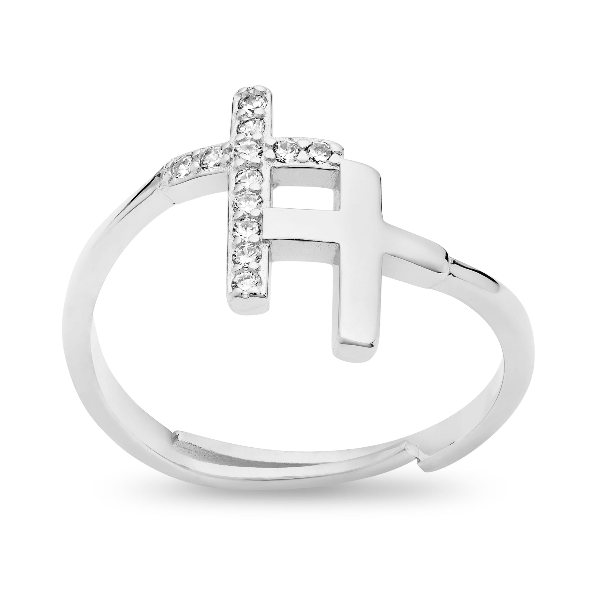 Mondo Cattolico Adjustable Sterling Silver Adjustable Ring With Two Cubic Zirconia Crosses