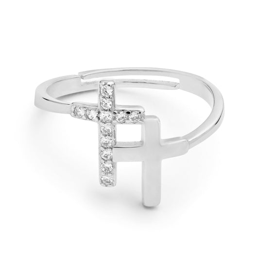 Mondo Cattolico Adjustable Sterling Silver Adjustable Ring With Two Cubic Zirconia Crosses