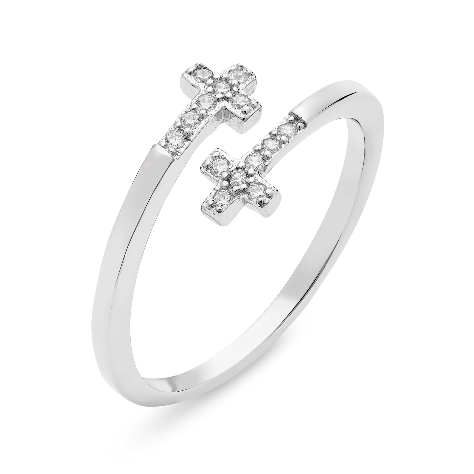 Mondo Cattolico Adjustable Sterling Silver Adjustable Ring With Two Cubic Zirconia End Crosses