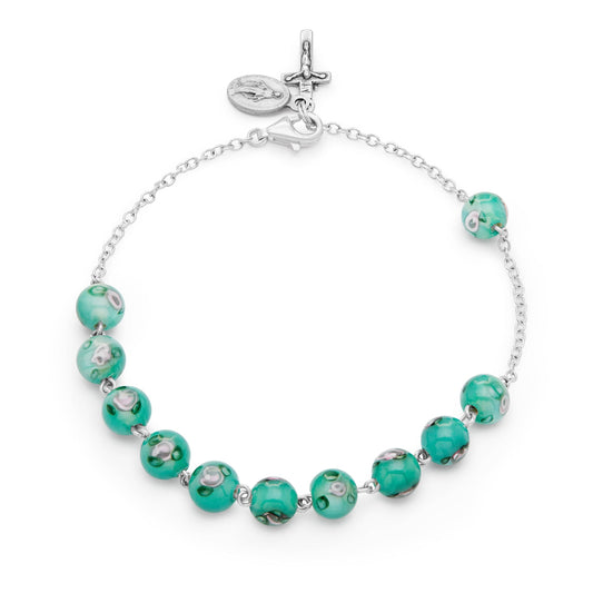 MONDO CATTOLICO Prayer Beads 21 Cm (8.3 in) / 6 mm (0.23 in) Sterling Silver Bracelet Green Lume Beads