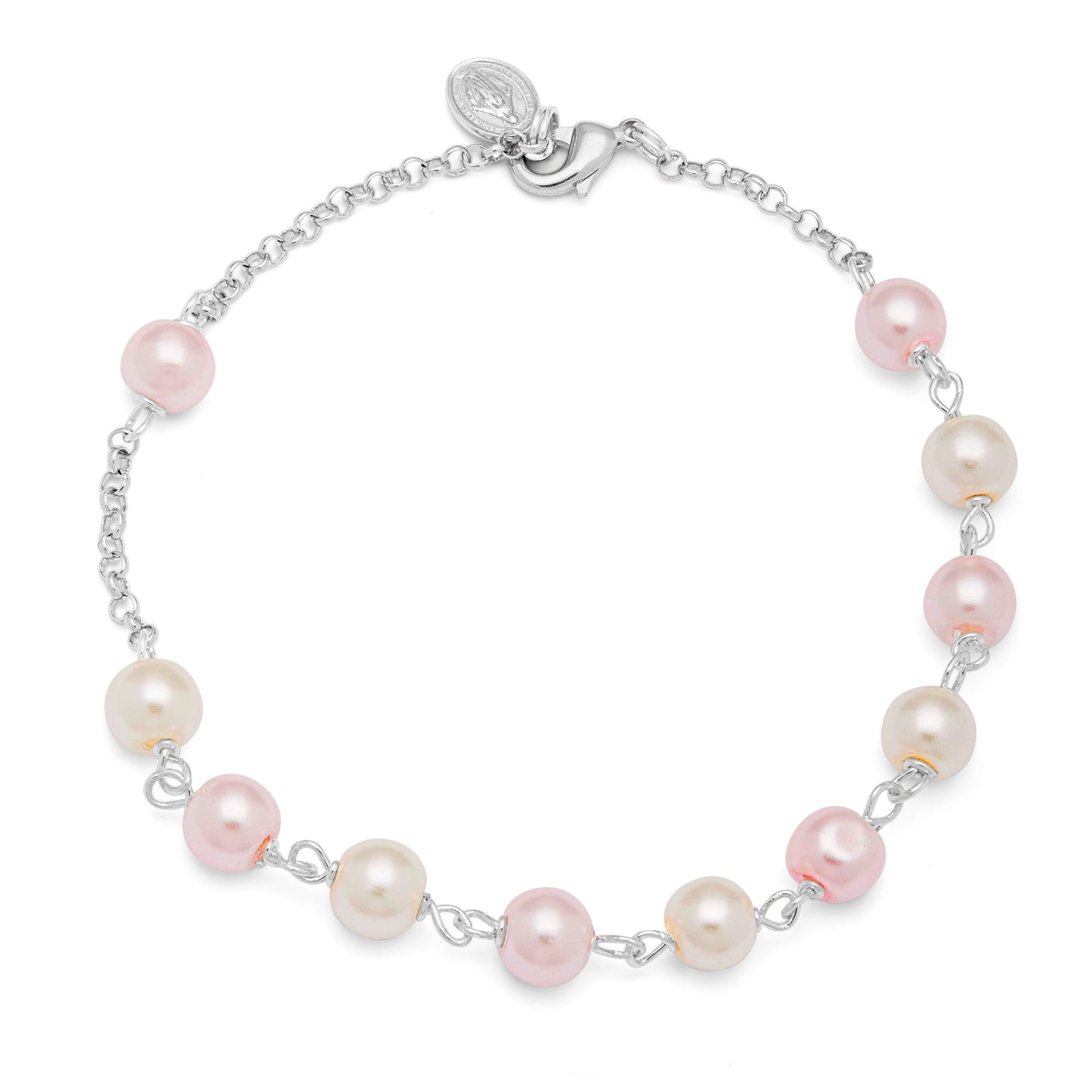 MONDO CATTOLICO Prayer Beads Adjustable Sterling Silver Bracelet Rosary Swarovski Crystal Pearls White and Pink Beads