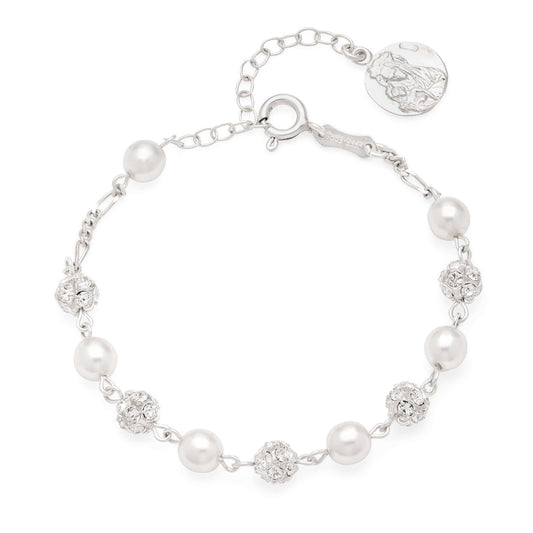 MONDO CATTOLICO Prayer Beads 23 cm (9 in) / 6 mm (0.23 in) Sterling Silver Bracelet Swarovski and Pearls