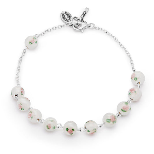 MONDO CATTOLICO Prayer Beads 21 Cm (8.3 in) / 6 mm (0.23 in) Sterling Silver Bracelet White Lume Beads