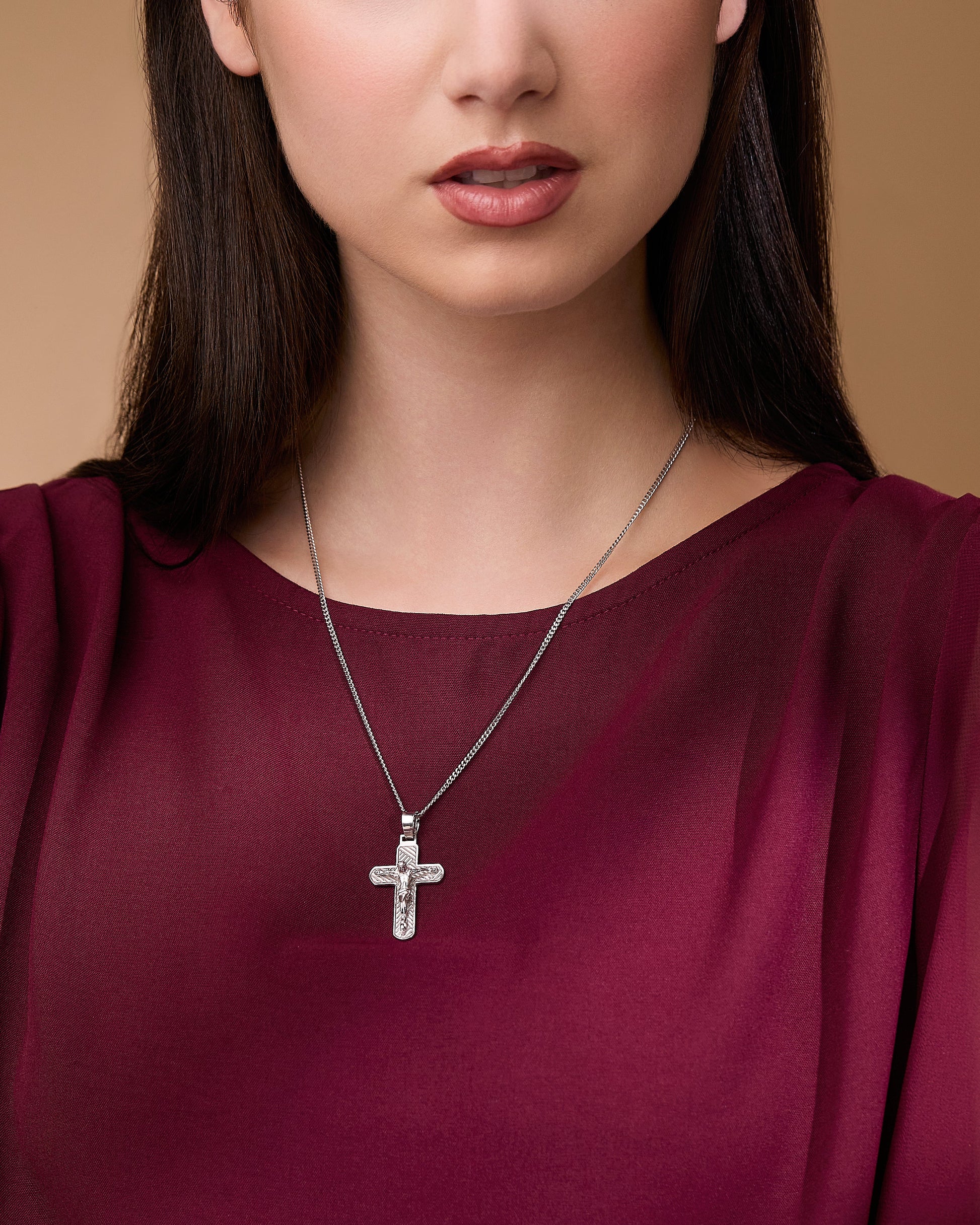 MONDO CATTOLICO ROMA 33 mm (1.30 in) Sterling Silver Crucifix Pendant with Detailed Angled Lines