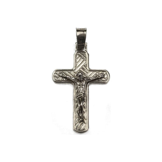 MONDO CATTOLICO Sterling Silver Crucifix Pendant with Detailed Angled Lines