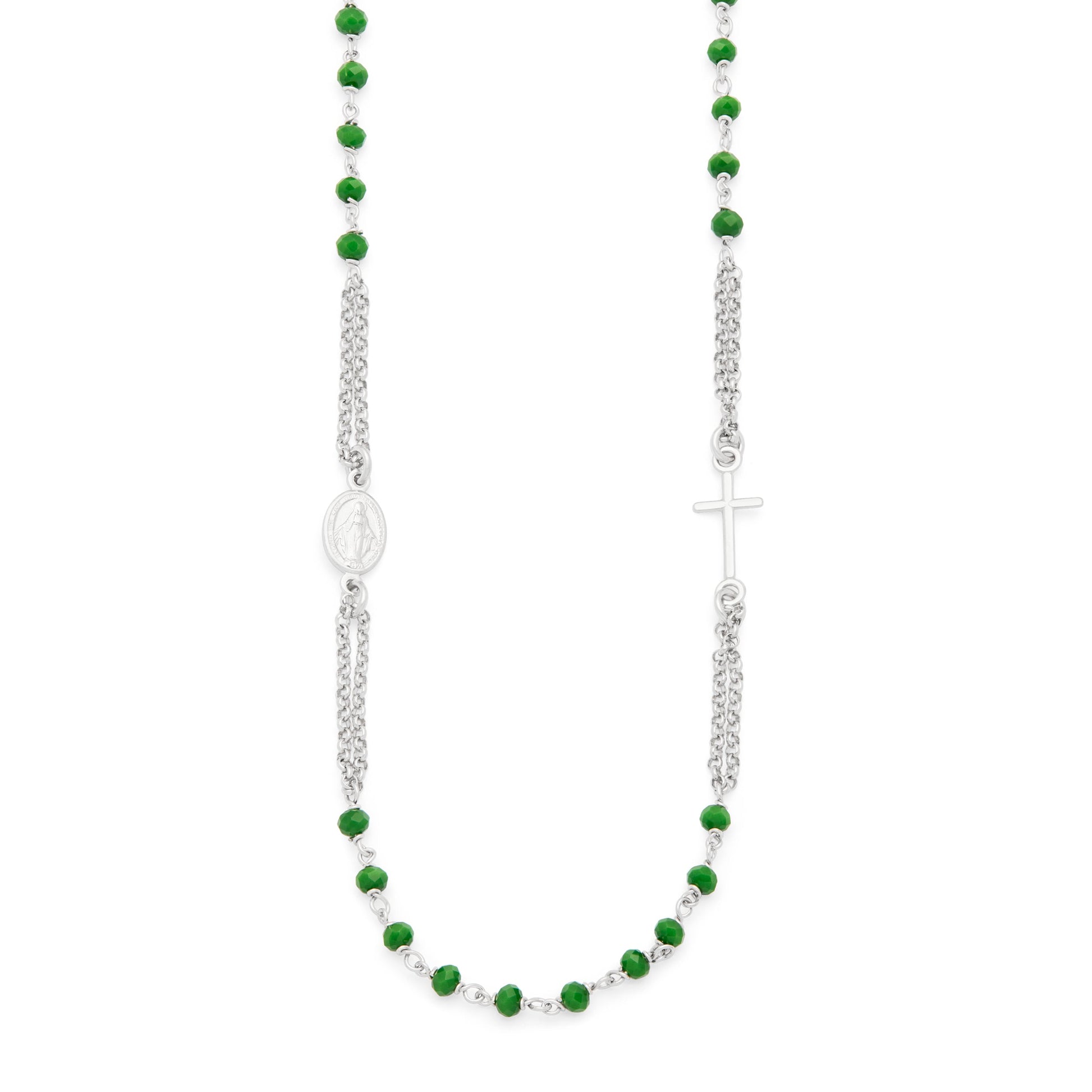 Sterling Silver Double Strand Rosary Necklace with Green Beads