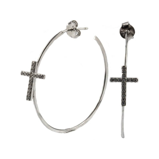 MONDO CATTOLICO Sterling Silver Hoop Earrings with Cross in Crystal