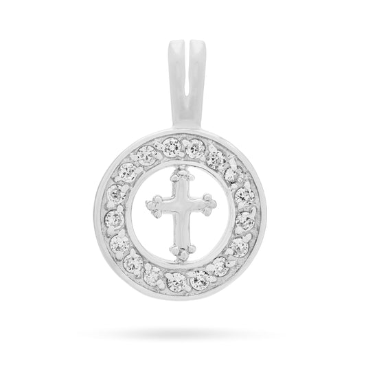 Mondo Cattolico Pendant 16 mm (0.63 in) Sterling Silver Medal Pendant With Cross and Cubic Zirconia Frame