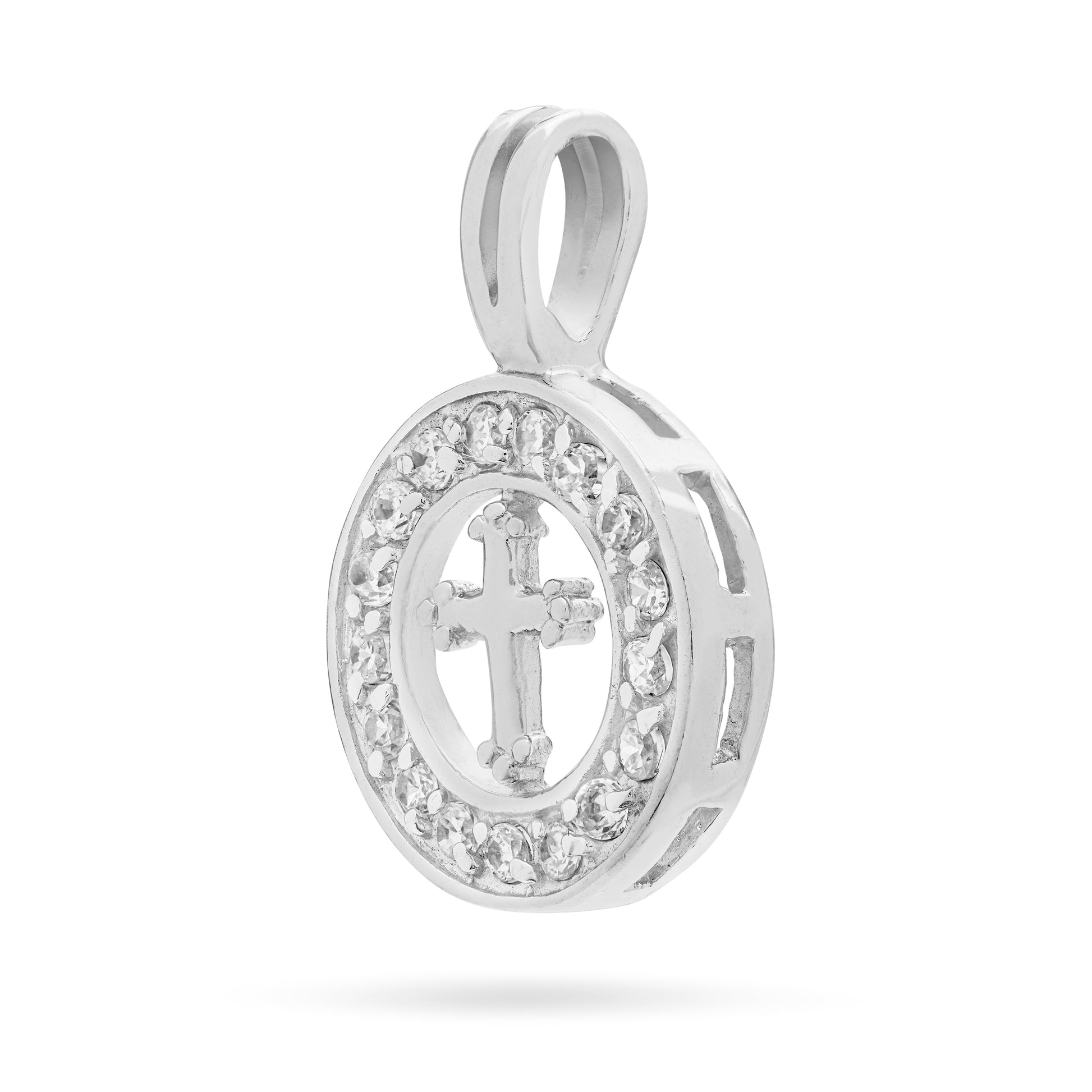 Mondo Cattolico Pendant 16 mm (0.63 in) Sterling Silver Medal Pendant With Cross and Cubic Zirconia Frame