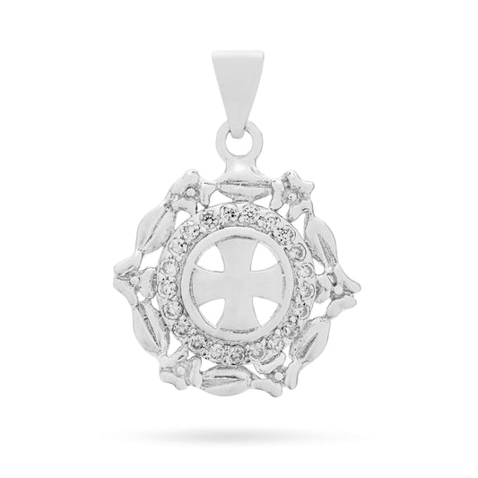 Mondo Cattolico Pendant 17 mm (0.67 in) Sterling Silver Medal Pendant With Greek Cross and Worked Frame
