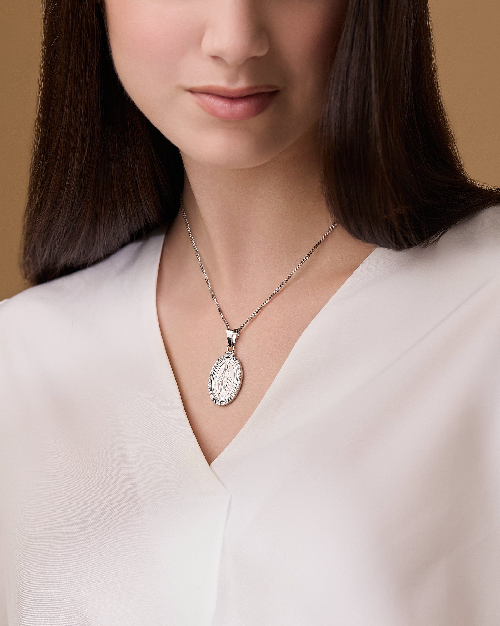 MONDO CATTOLICO ROMA Medal Sterling Silver Miraculous Medal with Cubic Zirconia