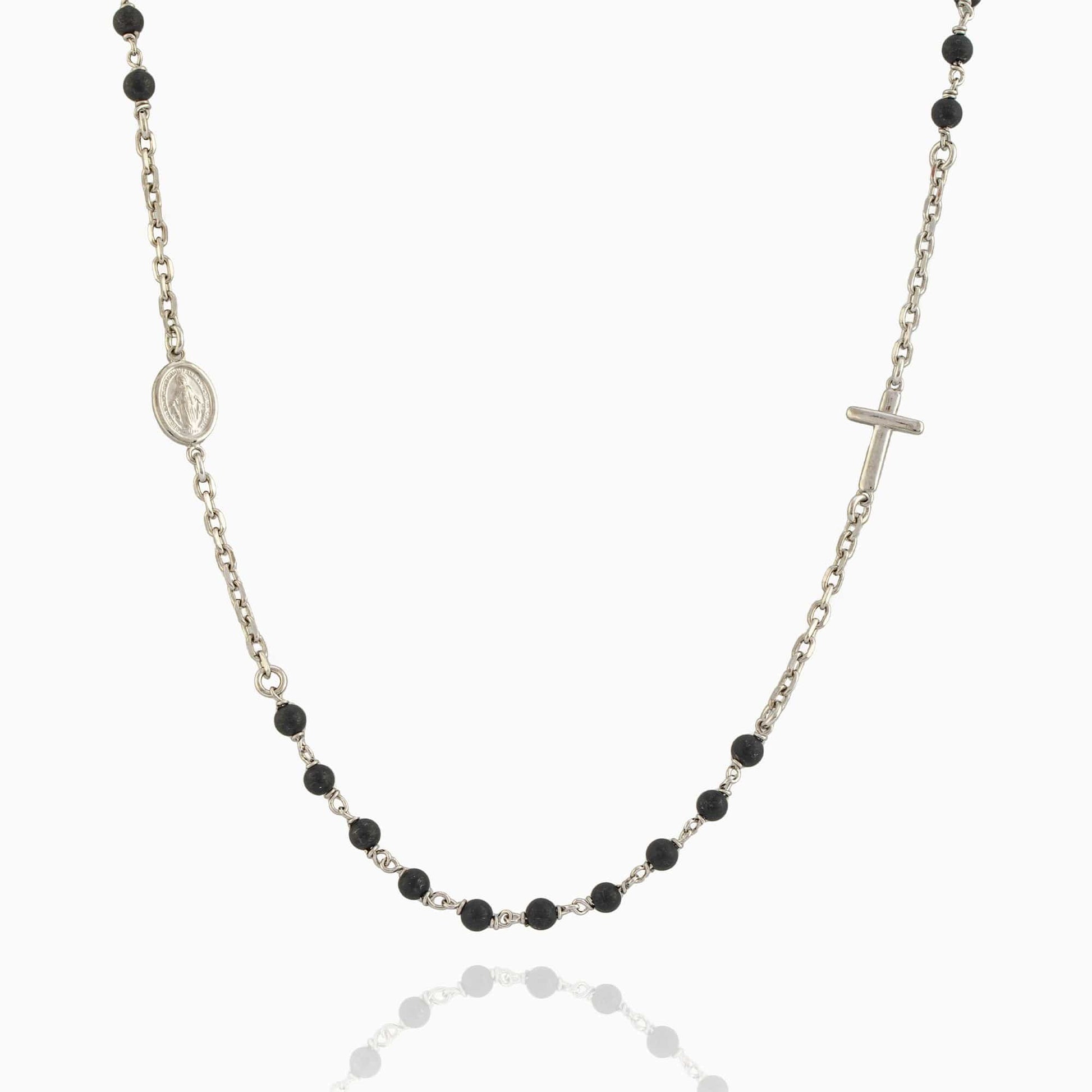MONDO CATTOLICO Prayer Beads Cm 68+4 (26.8 in+1.6) STERLING SILVER NECKLACE ROSARY BLACK BEADS