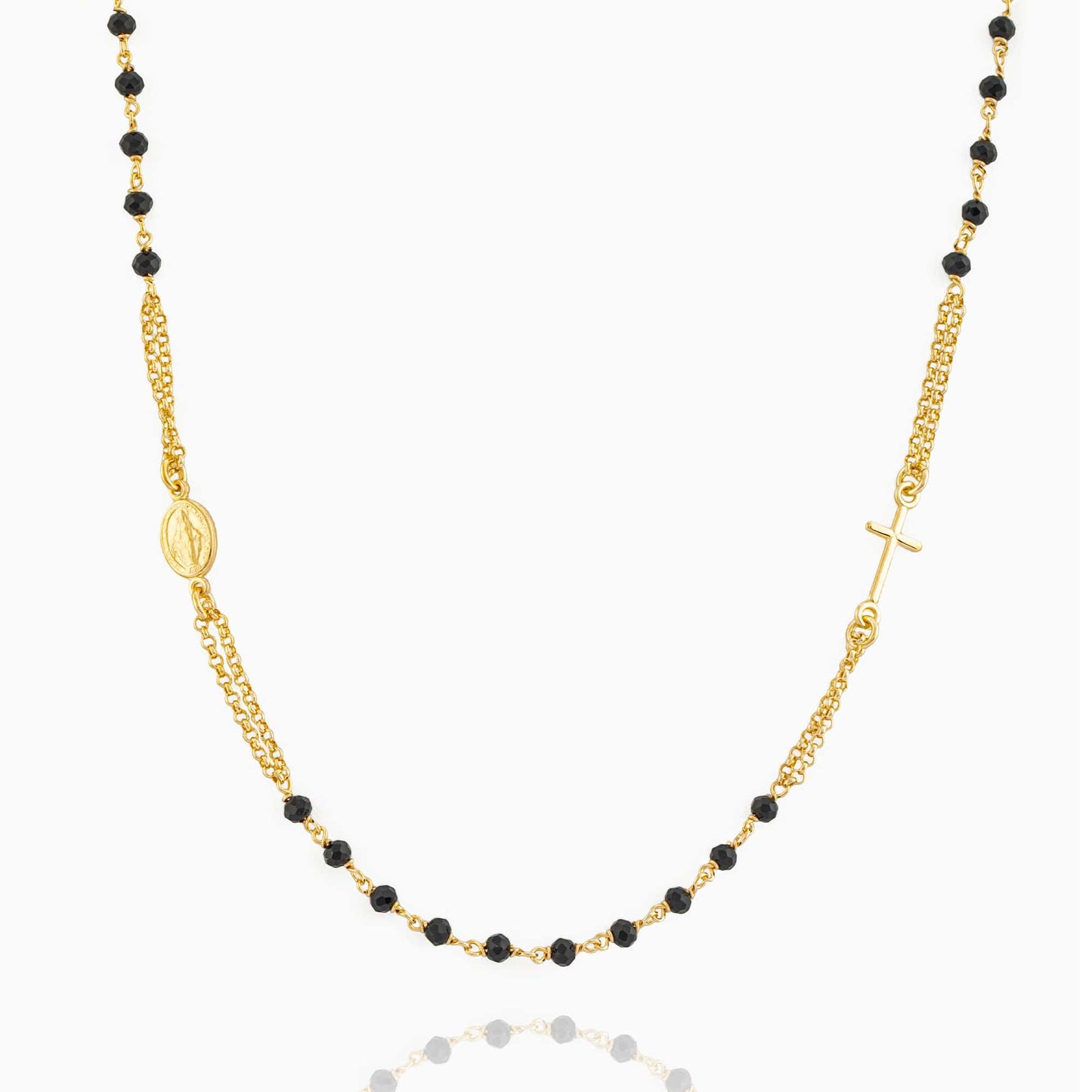 MONDO CATTOLICO Prayer Beads Gold / Cm 46+5 (18.1 in+2) STERLING SILVER NECKLACE ROSARY BLACK BEADS