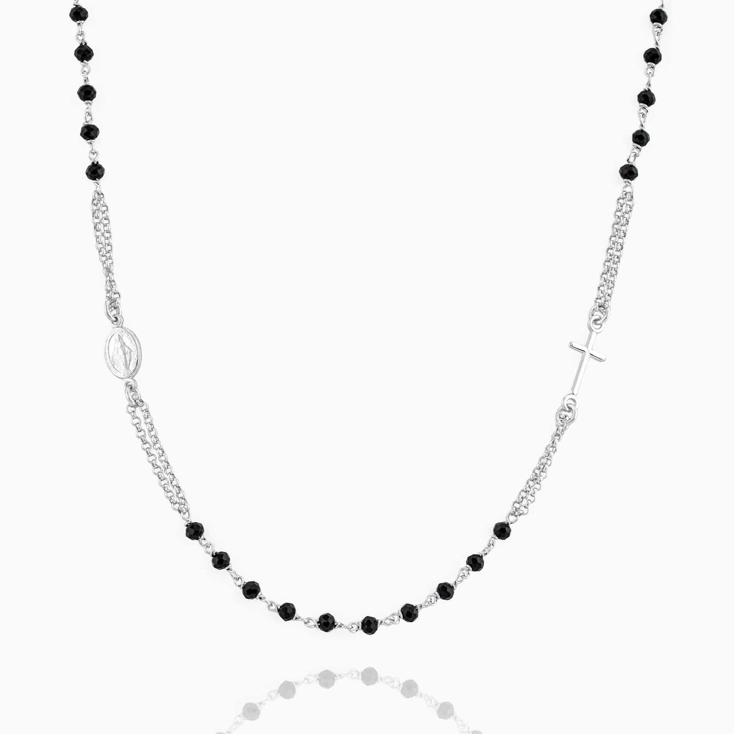 MONDO CATTOLICO Prayer Beads Rhodium / Cm 46+5 (18.1 in+2) STERLING SILVER NECKLACE ROSARY BLACK BEADS