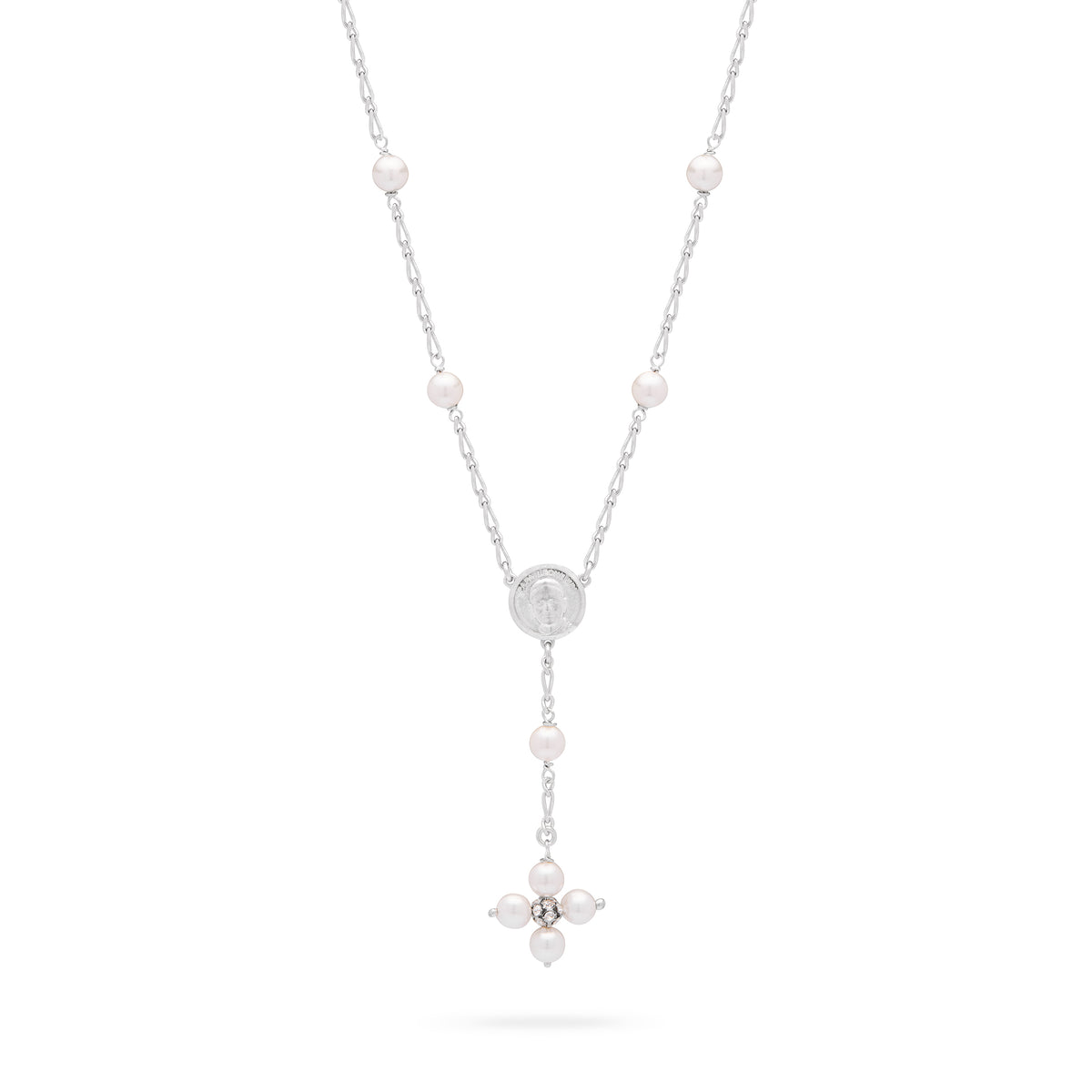 MONDO CATTOLICO ROMA Necklaces 28 cm (11.02 in) / 44 - 50 cm (17.32 - 19.69 in) / 6 mm (0.24 in) Sterling Silver Pope Leo XIV Necklace with White Pearl Beads